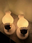 Pair Vintage White Milk Glass Hobnail Plug-In Wall Sconces Beaded Backplates
