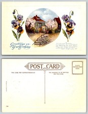 Vintage Birthday Postcard Pansies & Flowering Houses Made in USA 753