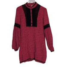 Free People Floral Dress Womens Size 10 Red Crochet Boho Whimsigoth Long Sleeve