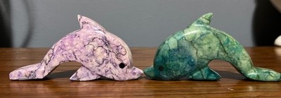 Carved Green & Purple Marble Dolphin Figurine 4'' Long Ocean Nautical Decor Stone