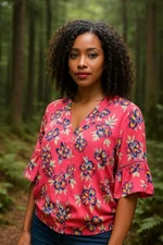 ZACK & RACHEL SZ S Pink Floral Puff SS Button-up Blouse Cottagecore Milkmaid