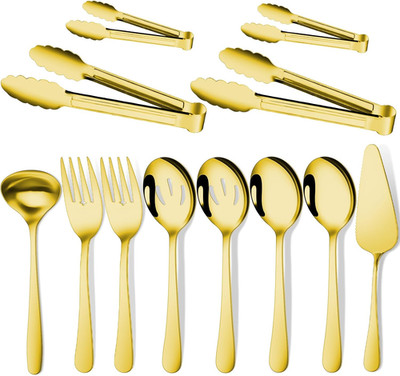 12 Piece Gold Serving Utensil Set Spoons Forks Tongs Ladle and Pie Server Set