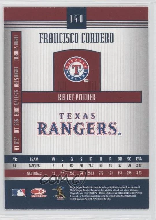 2005 Donruss Signature Series Francisco Cordero #140 - Image 2 of 2