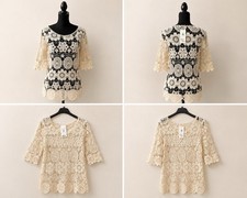 Women  s Beige Floral Lace Round Neck Pullover Top 3/4 Sleeve Regular