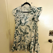Maral Designs White Green Tropical Floral Leaf Cotton V-Neck Ruffle Dress M