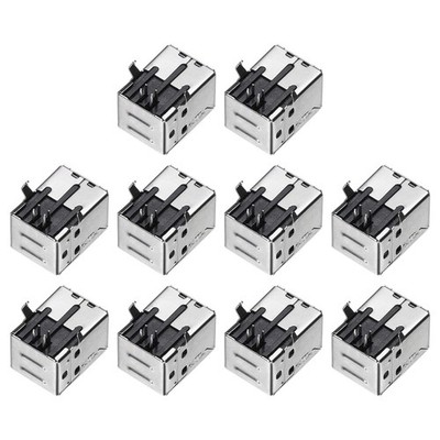 10Pcs USB2.0 Type B Female Socket Connector Jack Port, 4Pin DIP 90Degree, Black