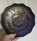 vtg FENTON blue carnival PRESSED glass LOTUS FLOWER  & DRAGON 8-1/2" bowl