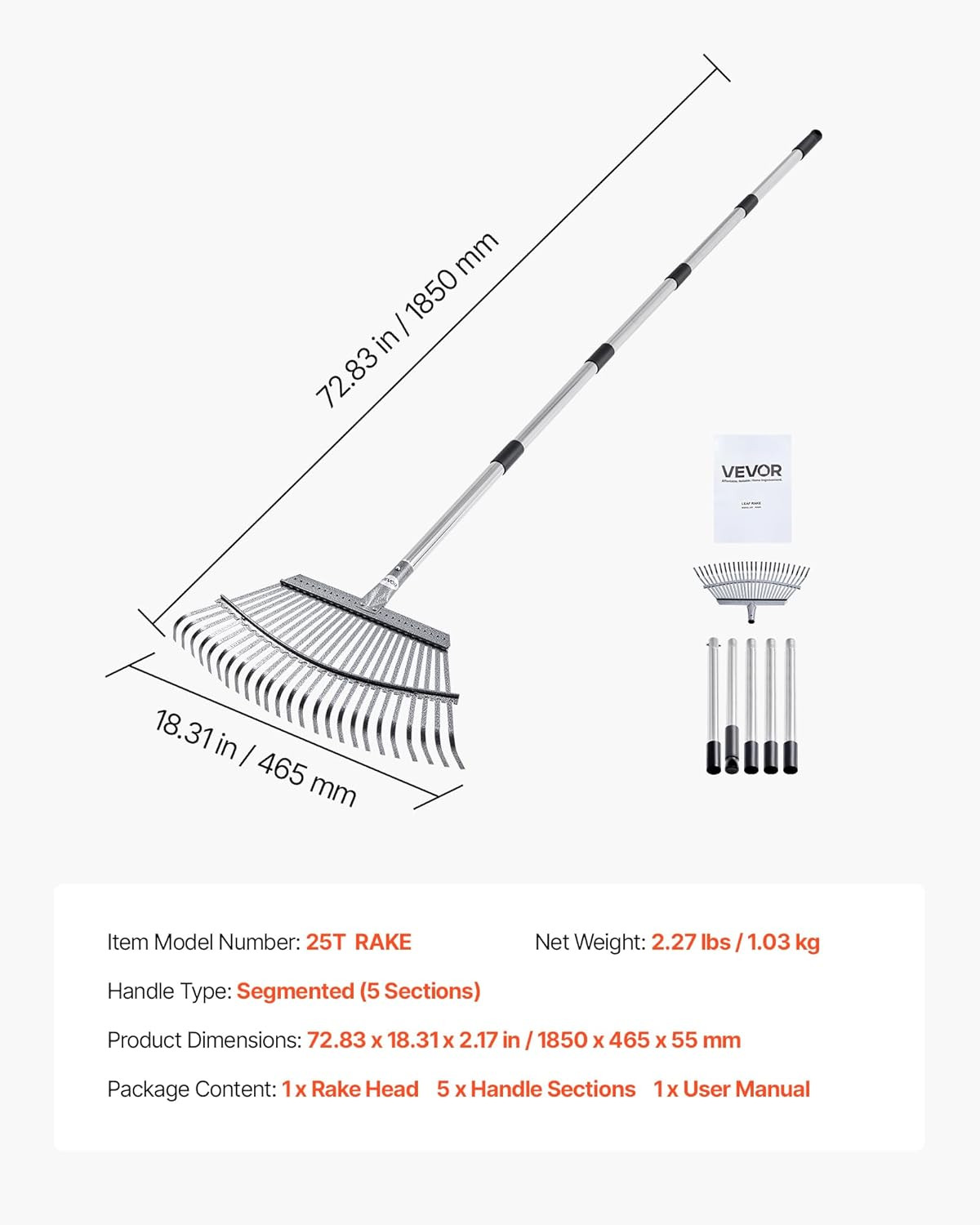 Leaf Rake, 25 Metal Tines, Adjustable Garden Rake for Lawns with 18.3 Inch Wide