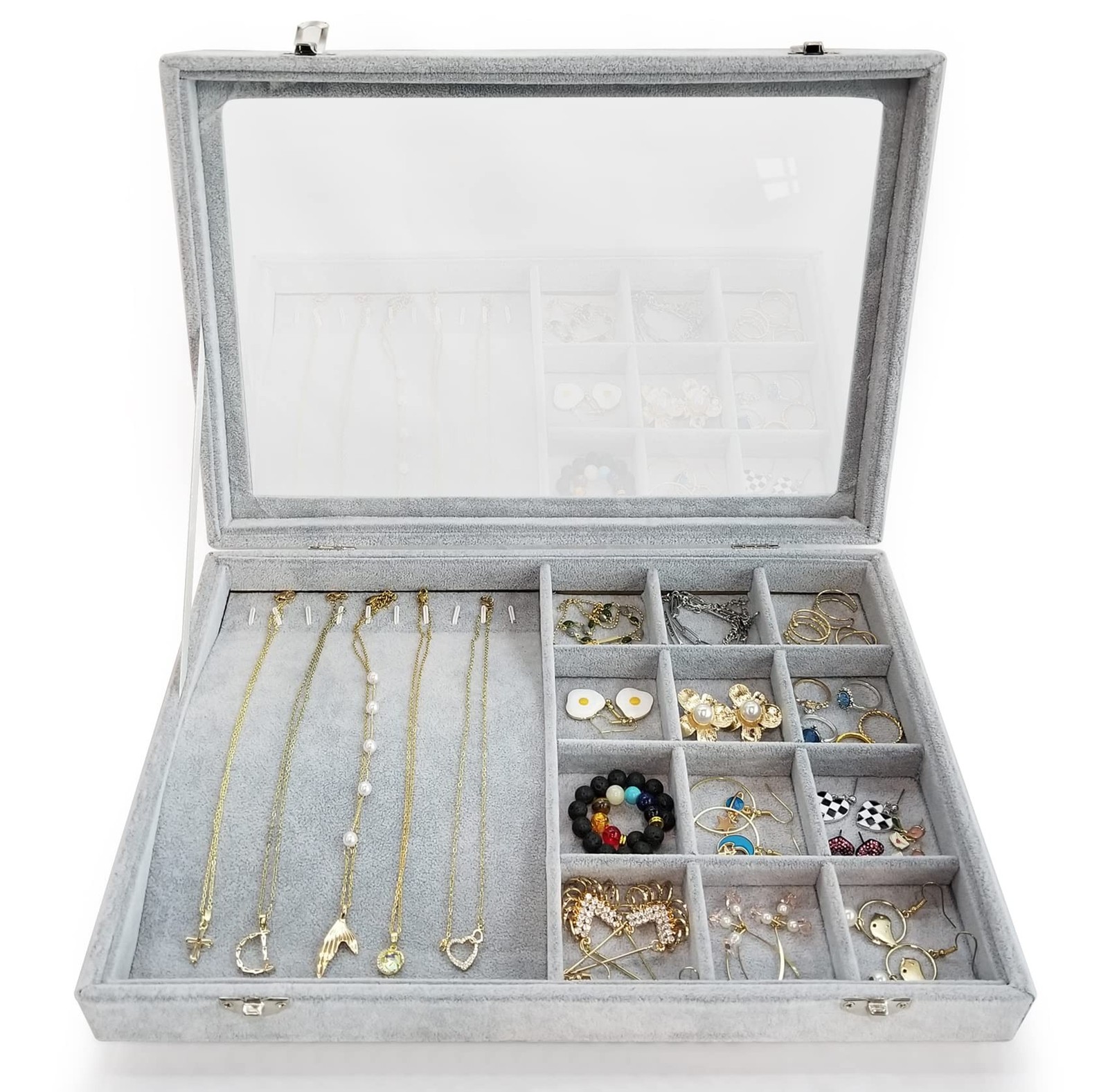 Ice Velvet Jewelry Box with Clear Glass Window and 10 Necklace Hooks