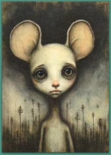 ACEO 2.5x3.5 watercolor painting - mouse little sadness fantasy surreal