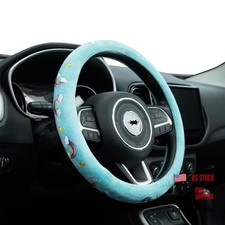 Embroidered Cute Blue Steering Wheel Cover Auto Anti-slip Breathable Rainbow