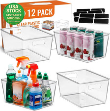 12 Pack Large Clear Plastic Storage Bins Kitchen Pantry Organizer with Labels
