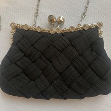 Womens Evening Purse Black Braided Satin 24" 15  Silver Metal Chain