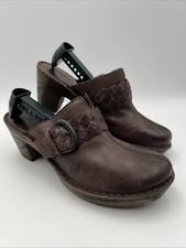 Born Women's Emme Mule Brown Leather Heel Clog Slide Shoe Sz 8 / 39 D47006