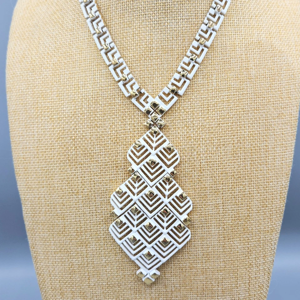 1970s Monet White Enamel Gold Tone Geometric Drop Pendant Greek Key Necklace 17" - Image 3 of 4