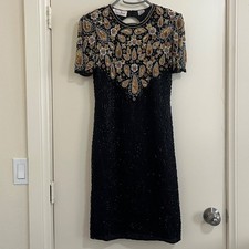 Vintage Laurence Kazar Beaded Silk Cocktail Dress Small Sequin Art Deco Glam 80s