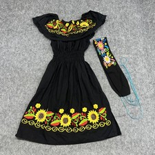 Mexican Embroidered Sunflower Dress Womens Large Off Shoulder Belt Folk Boho