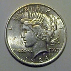 Peace Silver Dollar Coin, 1924.  XF-AU.  Genuine (always).