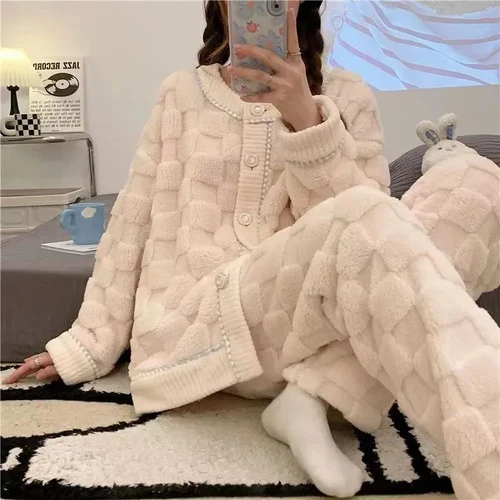 Coral Fleece Pajamas Set Women Lounge Home Suit Warm Sleepwear Homewear Set - Picture 4 of 10