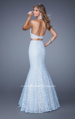 la femme 2 piece prom dress NWT La Femme Two Piece Powder Blue Lace Mermaid Skirt & Halter Prom Dress  Gown 6