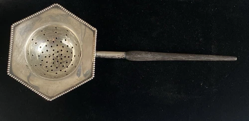 Sterling JH 805 Signed Wood Handle Fancy Hexagonal Antique Tea Strainer F7
