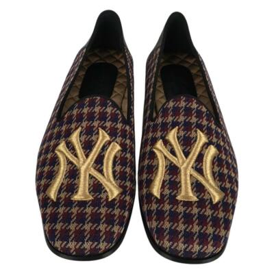 Gucci Men's NY Yankee Wool Loafers Flat Crossing Check Multicolor