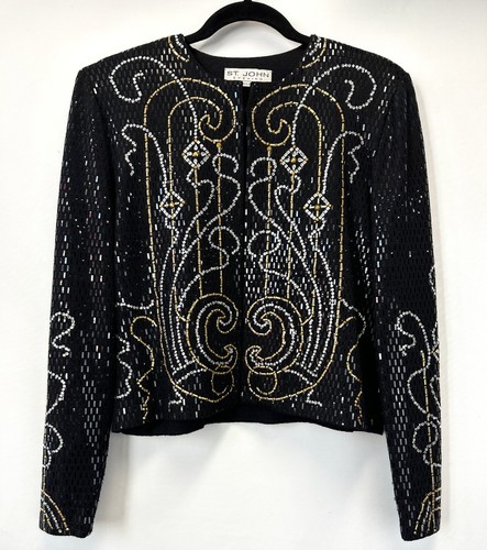 ST. JOHN EVENING Black Gold Silver Sequin Santana Knit Jacket 8 - Picture 2 of 7