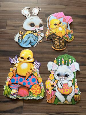 4 vtge Easter Die Cuts Placards BEISTLE 1977-81 Chicks Bunnies 1 w moveable legs