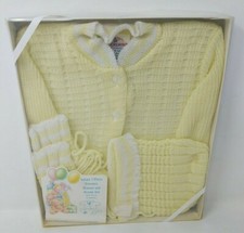 Cradle Knit Infant Baby Sweater Hat Bootie Set Yellow VTG 1970s 70s 80s 1980s
