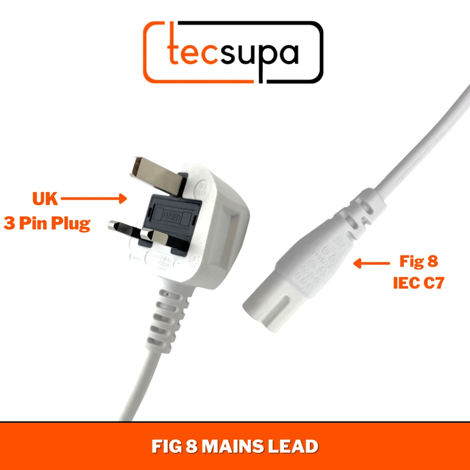 Long UK Mains Power Lead for LED / 4K TV's - Fig 8 2 Pin - 0.5-5m - Black/White - Image 2 of 4