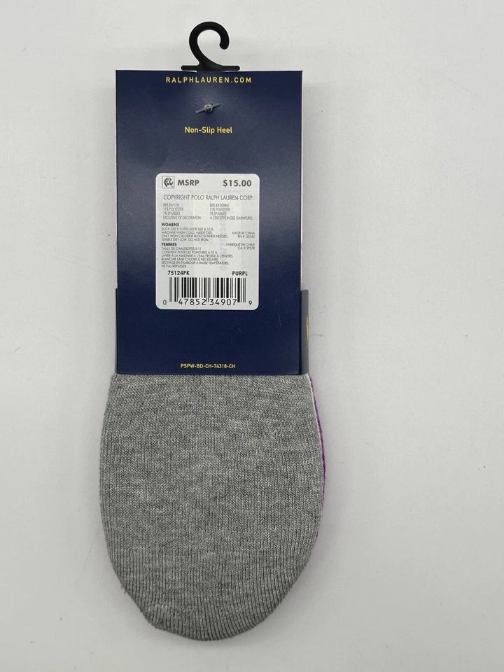 NOVO PACOTE COM 3 FORROS DE TÊNIS POLO FEMININO RALPH LAUREN ROXO/BRANCO/CINZA TAMANHO 9-11 - Imagem 2 de 3