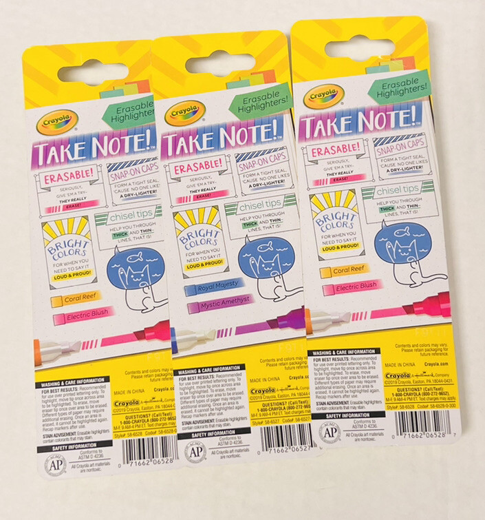3 Packs Crayola Erasable Highlighters, Assorted Colors, Chisel Tip, 2 Per Pack