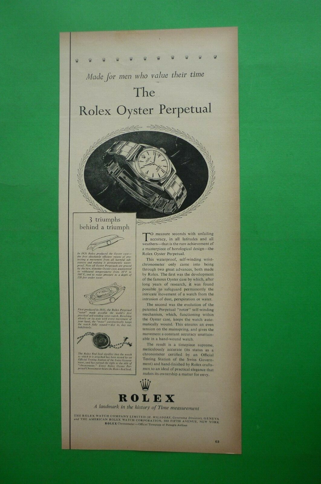 ROLEX OROLOGIO Oyster  Perpetual 1954 Pubblicità 1 pagina 