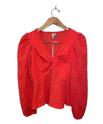 Asos Eyelet V-Neck Blouse Women's Size Long Sleeve Red NWT