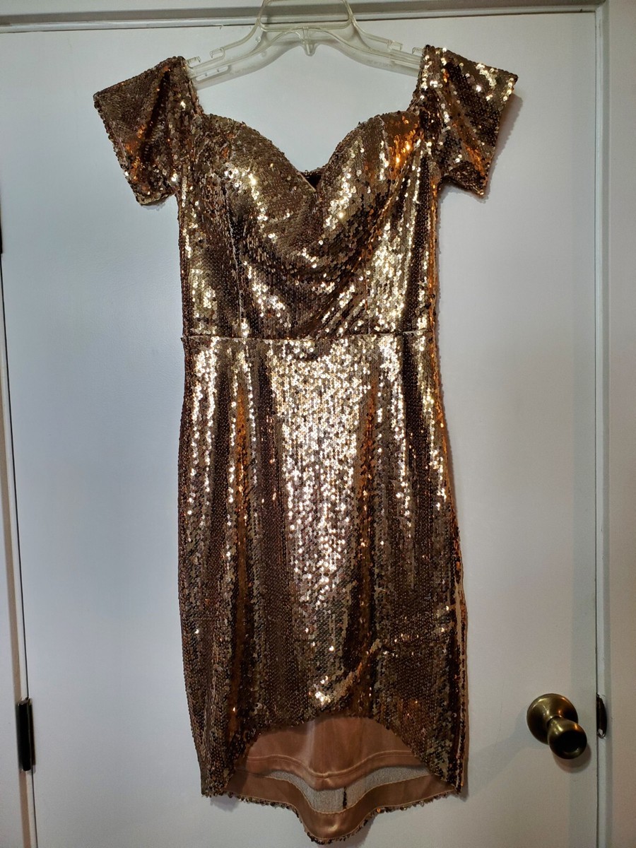 Bebe Gold Sequin Hi-low Off the Shoulder Cocktail Dress Women's Size Medium Bebe Gold Sequin Hi-low Off the Shoulder Cocktail Dress Women's Size Medium
