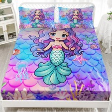Mermaid Fitted Sheet for Kids Girls Twin Size, Mermaid Princess Bedding Set,O...