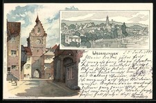 Künstler-AK K. Mutter: Überlingen / Bodensee, Tor mit Uhr, Ortsansicht 1897 