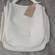 Beige Makeup Bag Hanging Organizer with Handle, Zipper, Compartments