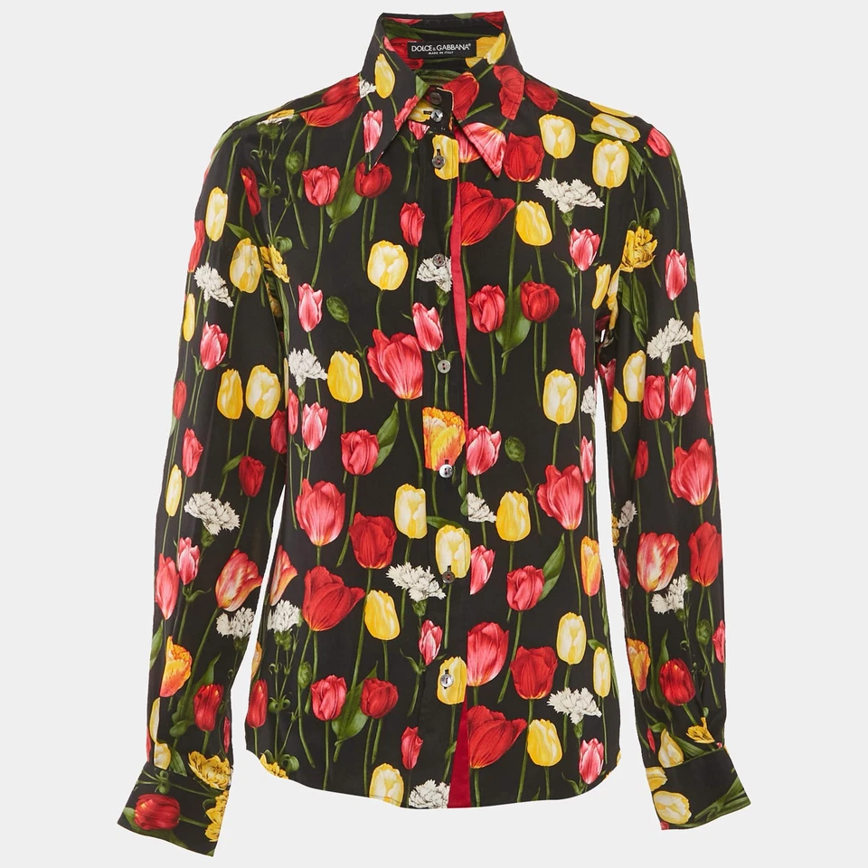 Camisa Dolce Gabbana Negra Estampado Tulipán Seda Manga Larga S
