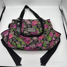 Betsey Johnson Betseyville Pink Green polyester skull and Roses purse bag EUC