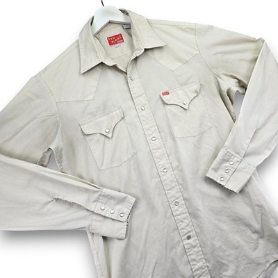 Vintage ELY PLAINS Men s Western Pearl Snap Shirt Beige 15.5/35 Poly Cotton