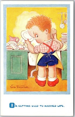 Im Getting Used To Married Life, Comic Boy Doing Dishes Vera Paterson, Postcard