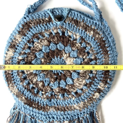 Vtg Circular Boho Crocheted Purse Long Fringe Handmade Shoulder Bag Blue Brown - Picture 12 of 12