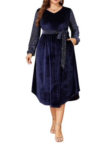 Plus Size Women V Neck Velvet Party Cocktail Ball Gown Ladies Pockets Midi Dress - Picture 9 of 23