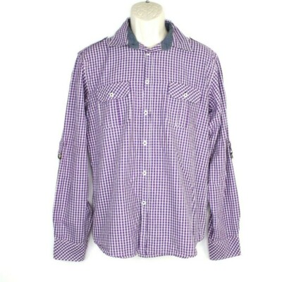 Zara Man Mens Button Up Shirt Size Large Purple Gingham Plaid Roll Tab Sleeves 