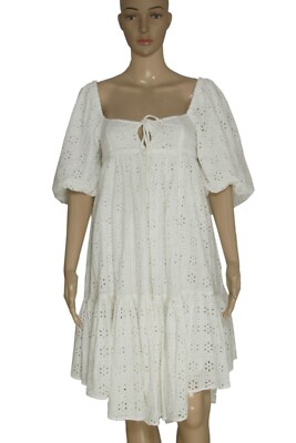 UO Whisper Eyelet Babydoll Mini Dress Embroidered Puff Sleeve White Tie  Back XS