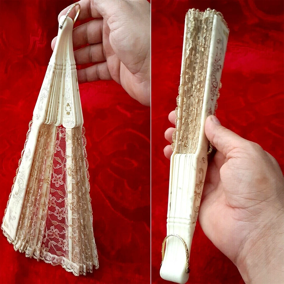 Antiguo abanico victoriano de mano de plástico tallado, lentejuelas de encaje hilos de oro antiguo bonito Foto 4 de 4