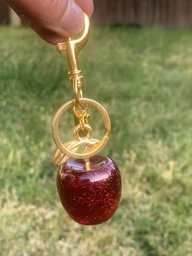 New Cherry Bag Charm Keychain Glitter Resin and Metal Brass Red Apple - Picture 5 of 8