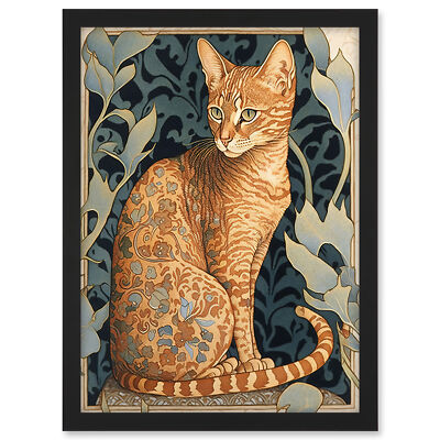 Ocicat mit Blumenmuster Fell Jugendstil gerahmtes Wandbild Bild Druck A3