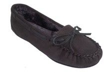 WOMEN SUEDE Grey MOCCASIN SLIP ONS FAUX FUR LINED FLATS INDOOR OUTDOOR